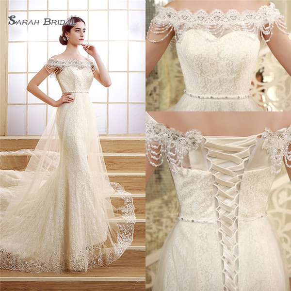 Sexy Mermaid Sleeveless Off Shoulder Lace Up With Appliques Pearls Sweep Train Sleevless Tulle Wedding Bridal Gowns SQS02