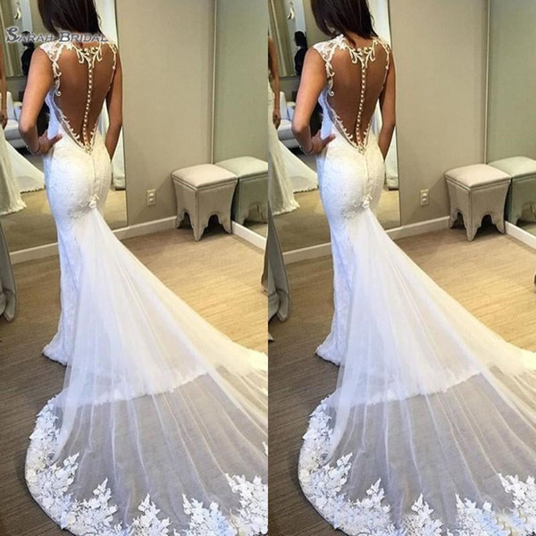 Elegant Mermaid Wedding Dress Plunging Neck Sleeveless Lace Appliques Buttons Back Bridal Gowns