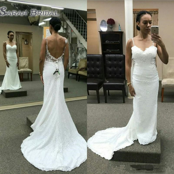 Simple Lace Spaghetti Beach Wedding Dresses Sexy Backless Mermaid Bridal Gowns Sweep Train Cheap Women Vestidos 