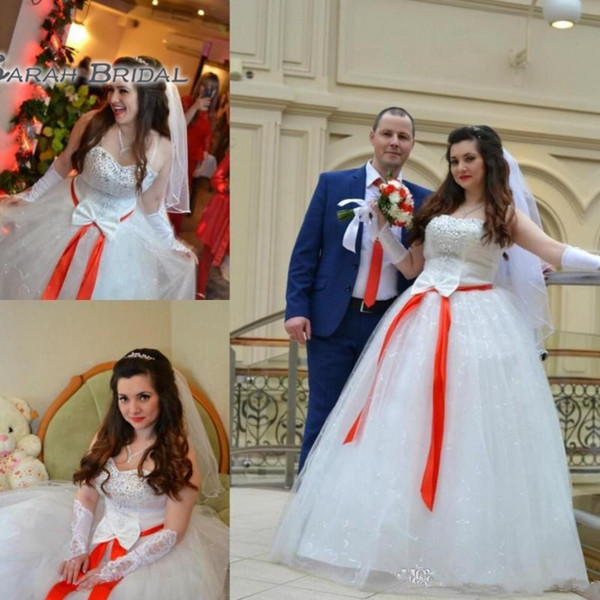 Gorgeous Beaded Sweetheart Wedding Dresses With Orange Sash Plus Size Women Bridal Gowns Custom Made Floor Length Wedding Vestidos