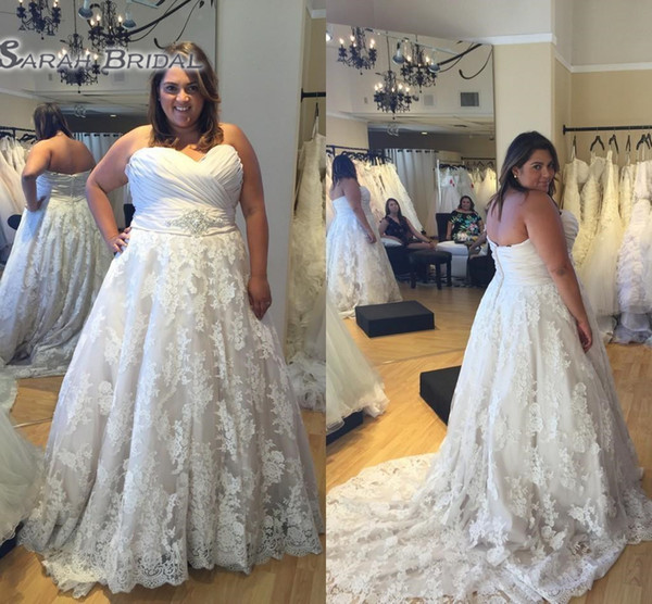 Plus Size Lace Wedding Dresses Sweetheart Ruffles A Line Beaded Waist Bridal Gowns Custom Made Wedding Gowns