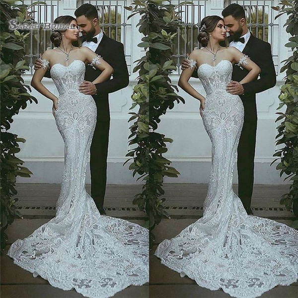 Classic Mermaid Sleeveless Sweetheart Full Appliques Sweep Train Sleevless Vestidos De Novia Wedding Bridal Gowns