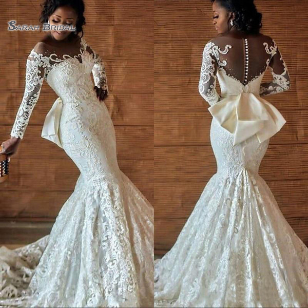 Mermaid Long Sleeves Wedding Dress with Big Bow robe de marriage Sexy Bridal Gowns Custom Made