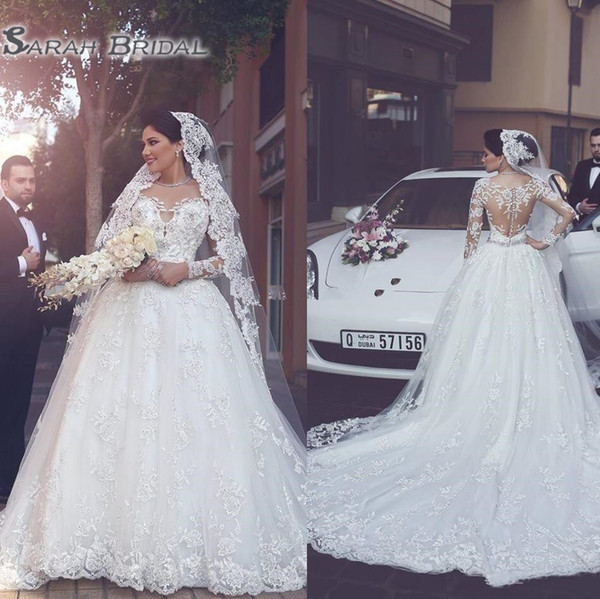 Arabic Full Lace Spring Wedding Dresses Long Sleeves Sheer Neck Appliques Illusion Back A Line Court Train Bridal Gowns Custom Made