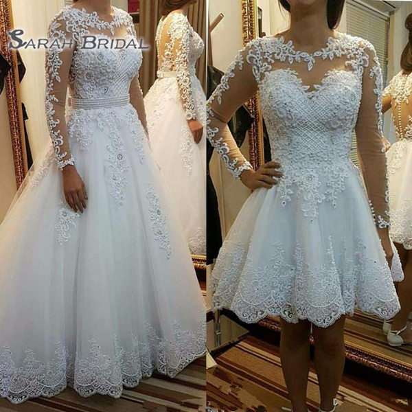 vintage Long Sleeve Short Wedding Dresses Removable skirt Beach Boho Puffy Tulle Lace Plus Size Country Sheer Button Back Bridal Gowns 