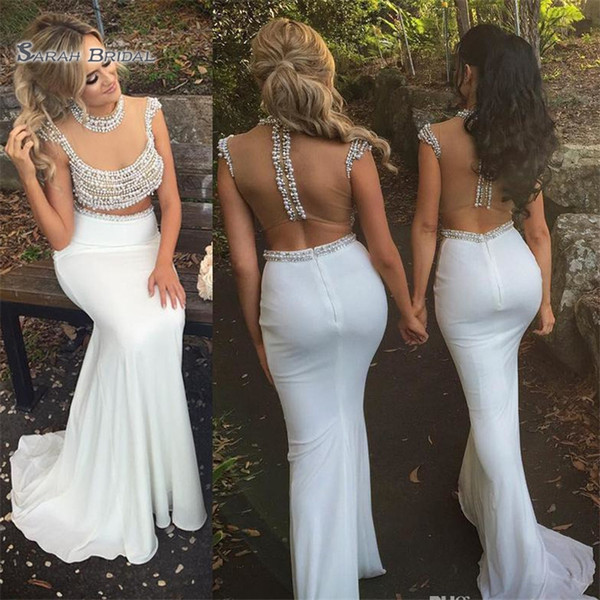 White Satin Two Piece Mermaid Bridesmaid Dress Pearl Beads Illusion Back Long Party Wedding Gowns