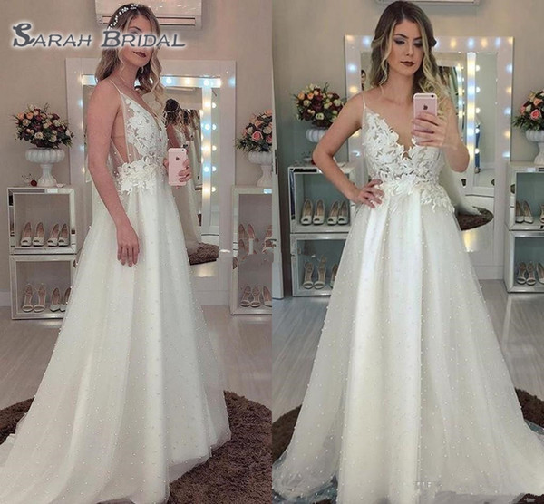 Elegant Pearls Wedding Dresses Spaghetti Backless Illusion Bodice Appliques Sweep Train Garden Country Beach Bridal Gowns vestido de novia