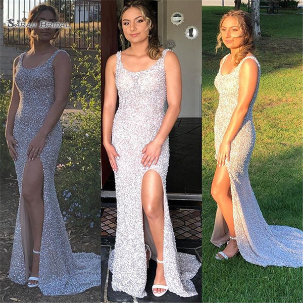 Scoop Split With Sweep Sequined Long Bridesmaid Dresses Floor Length Vestidos De Novia Maid Of Honor Custom Made