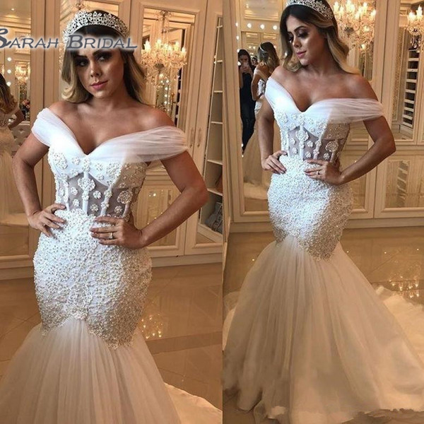 Heavy Beading Mermaid Wedding Dresses Sexy Off Shoulder See Through Bridal Gowns Custom Made Sweep Train Wedding Vestidos Newest