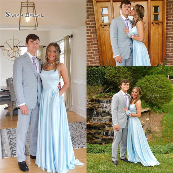 Sky Blue Cheap Satin With Spaghetti Pockets Sweep Maid Of Honor Dress Sleeveless Customed Wedding Bridesmaid Dress