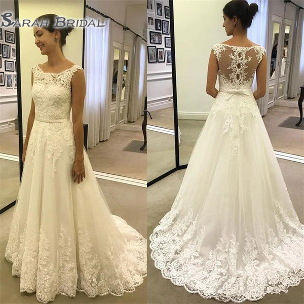 Simple A Line Long Wedding Dresses New Scoop Neck Floor Length Lace Applique Bow Pearl Wedding Dress Bridal Gowns Custom Made