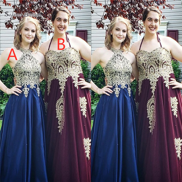 Simple A Line Long Bridesmaid Dresses Halter Floor Length Lace Applique Prom Dress Custom Made