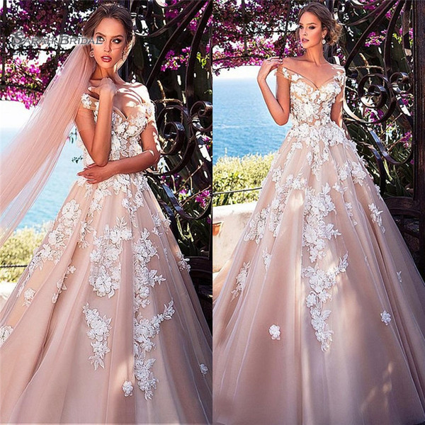 Champagne A-Line Elegant Off Shoulder Bridal Applique Beach Party Gowns Bride Dress Backless Wedding Dresses