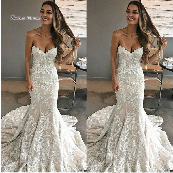 Sweetheart Mermaid Lace Bride Dress Sweep Train Appliques Sleeveless Wedding Bridal Gown High-end Wedding Boutique