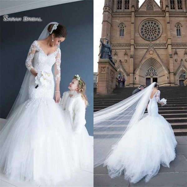 Elegant Mermaid Wedding Dress V Neck and Long Sleeves Backless Tulle Bridal Gowns Sexy Bride Dresses