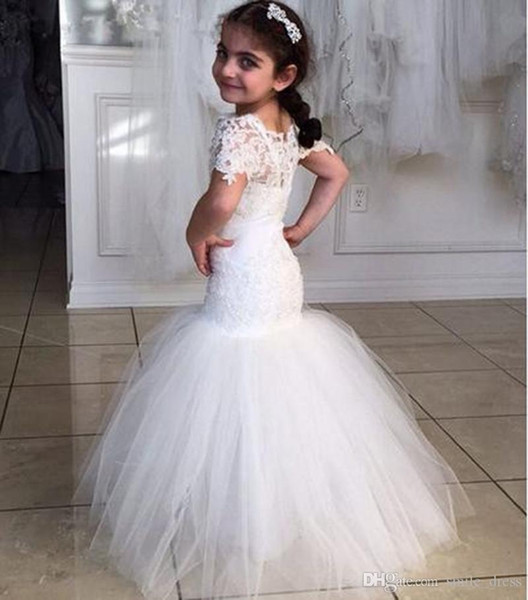 Custom Made Mermaid White Flower Girl Dresses for Weddings Lace Appliqued Mother and Daughter Girls Pageant Birthday Formal Dresses SF019