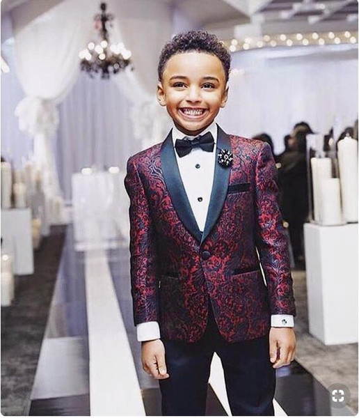 Boys Handsome 2 Pieces Burgundy Boy Formal Wear Black Lapel With Black Pants