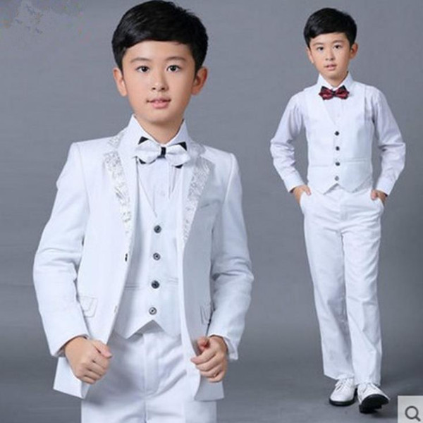 Boys Wedding Suits New Size 2-14 White Boy Suit Formal Party Five Sets Bow Tie Pants Vest Shirt Kids Suits Free Shipping In Stock