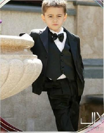 Custom Made Two Buttons Black Notch Lapel Boy's Formal Wear Occasion Kids Tuxedos Wedding Party Suits (Jacket+Pants+Vest+Tie) K9