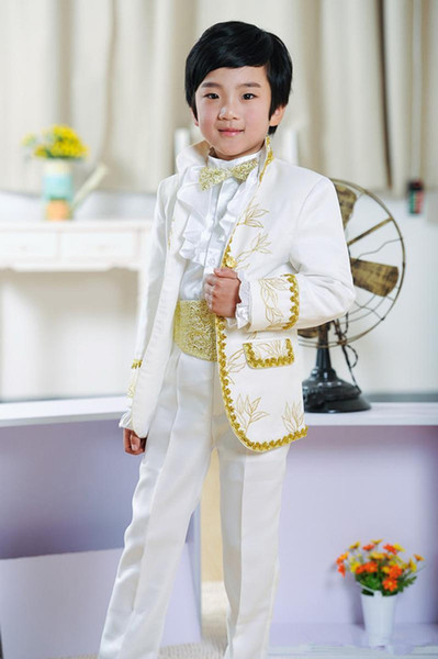 New Fashion Boys Suits Ring Bearer White Tuxedos for Children 2016 Wedding Party Prom Kids Formal Wears with Gold Purfle(Jacket+Pants+Bow)