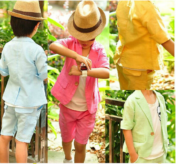 2016 Han Edition Summer Boy Handsome Candy Color Pure Color Suit Pants Pants Boy Suit 2Pcs Short Sleeve Suit Shorts Set Kids Clothes Outfits