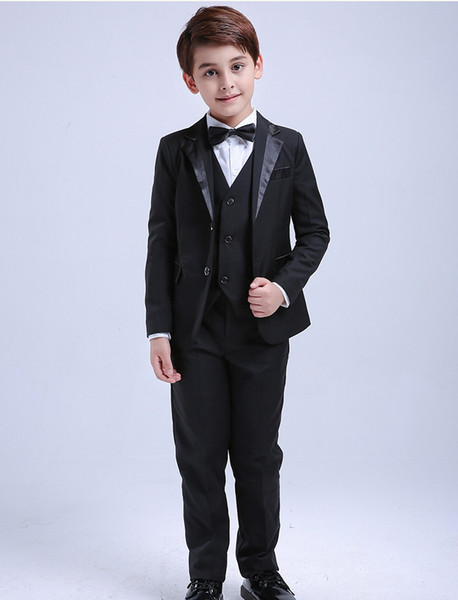 Fashion Summer Beach 4Pcs Toddler & Boys Formal Children Tuxedo Wedding Party Suit Black Boys Suits (Jacket+Pants+Vest+Bow Tie)