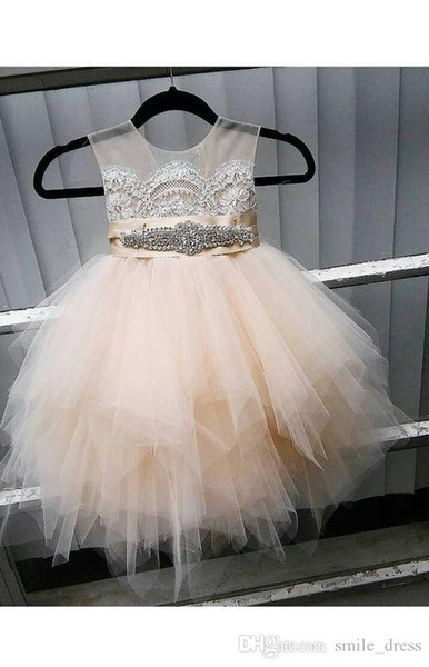 Cute Champagne Flower Girl Dresses With Rhinestone Sash Sheer Netting Puffy Princess Birthday First Communion Dresses for Girls SF002