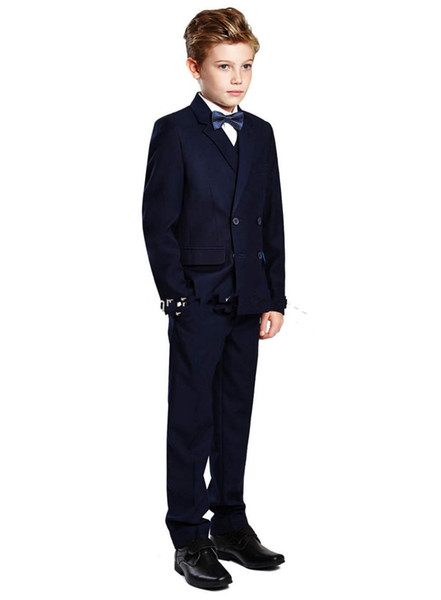 Boy's Formal Wear Double-Breasted Navy Blue Peak Lapel Formal Occasion Kids Tuxedos Wedding Party Suits (Jacket+Pants+Vest+Tie)