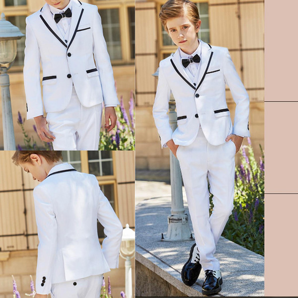 New Fashion White Boy Formal Wear Notch Lapel Boy Kid Clothes For Wedding Birthday Party (Jacket+Pants+Bow+Vest)