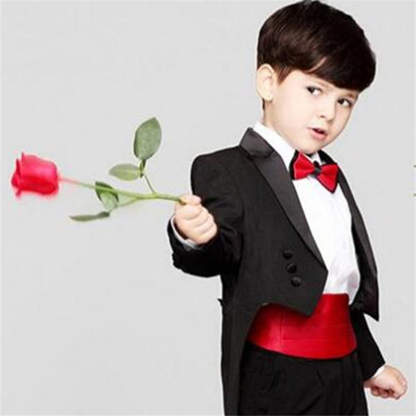 Kid Clothing Black Tailcoat Wedding Suits Custom Made Flower Boy Dinner Suits Slim Fit Tuxedos Notched Lapel Children Suit Ring Formal