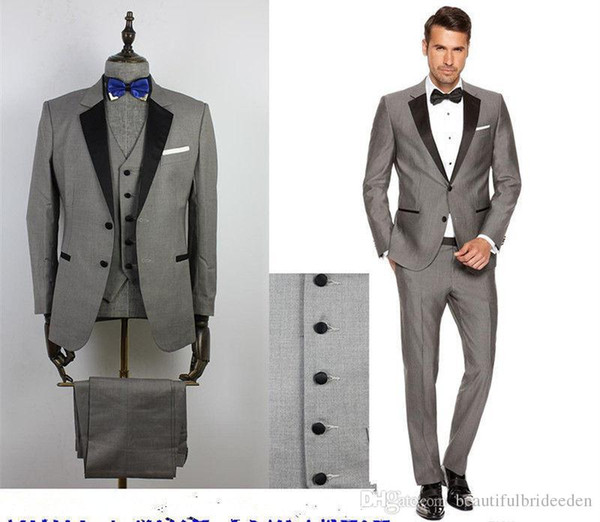 Custom Grey Male flower Suits Black Lapel Slim Fit Wedding Suits for Kid's Tuxedos Boy's Formal Wear (Jacket+Pants+Vest+Bow Tie)