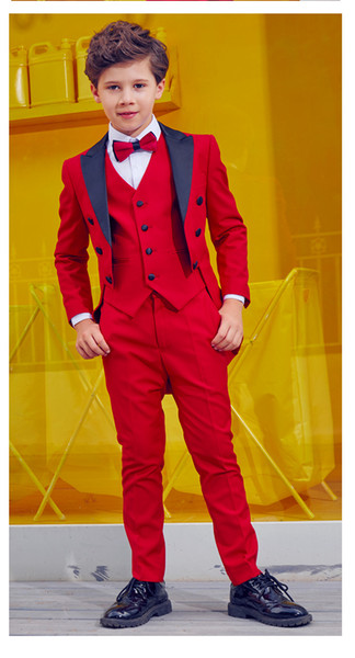 Red Tailcoat Boys Formal OccasionTuxedos Peak Lapel One Button Kids Wedding Tuxedos Child Suit Holiday clothes(Jacket+Pants+Tie+Vest) 66