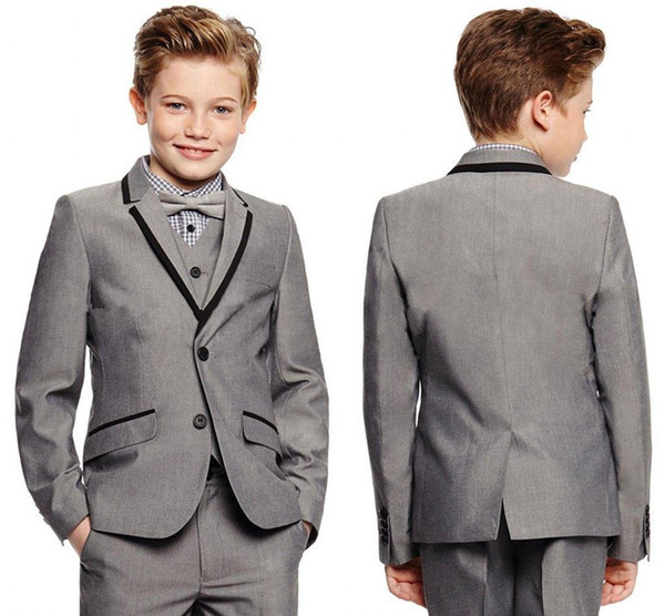 Light Grey Boy's Formal Wear Notch Lapel Kids Tuxedos Wedding Party Suits Custom Made Boys Suits (Jacket+Pants+Vest)