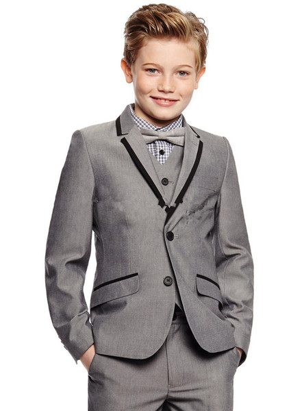 Back Vent Two Buttons Light Grey Boy's Formal Wear Occasion Notch Lapel Kids Tuxedos Wedding Party Suits (Jacket+Pants+Vest+Tie)