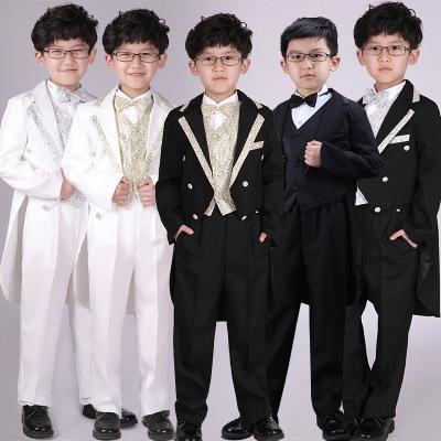 In Stock White Black Boys Formal Wear Suit 5 Pieces Coat Pants bowtie shirt vest kids tuxedo flower boy formal dress suits