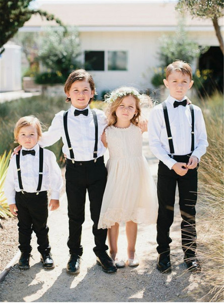 Boy's Formal Wear Set Wedding Party White Long Sleeve Shirt Black Pants Wedding Guest Kids Formal Wear (shirt + pants +Bow)