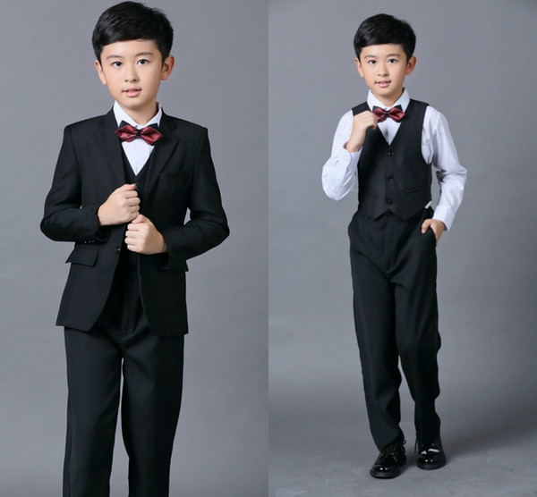 Cheap Boys Suits For Weddings Black Boy Suit Five Piece Suit Formal Party Bow Tie Pants Vest Shirt Kids Wedding Suits In Stock