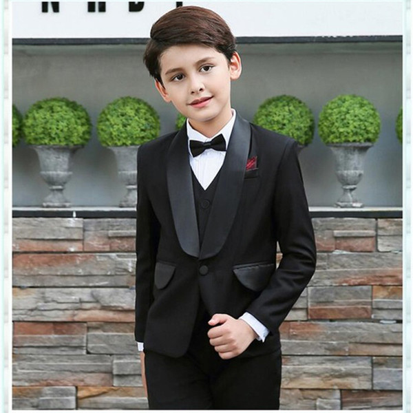 Kid Clothing Black Wedding Suits Custom Made Flower Boy Dinner Suits Slim Fit Tuxedos Shawl Lapel Children Suit Ring Formal Handsome