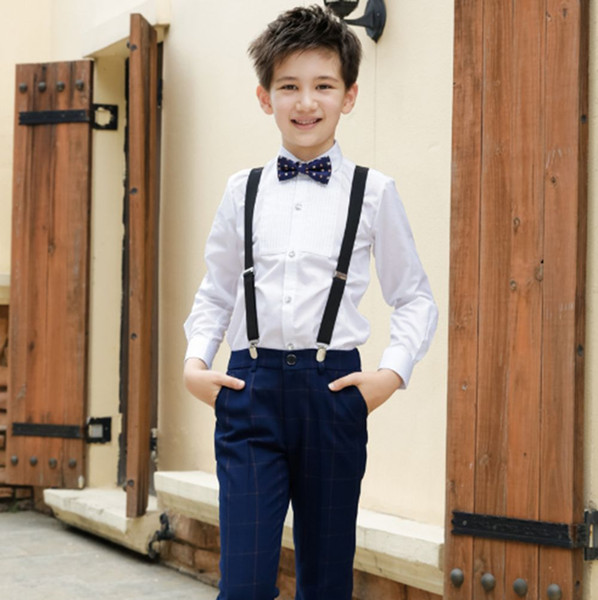 2019 New autumn boutique children's wear Boy's 2-piece set shirt striped Plaid trousers Bib pants gentleman suit Fashion party set