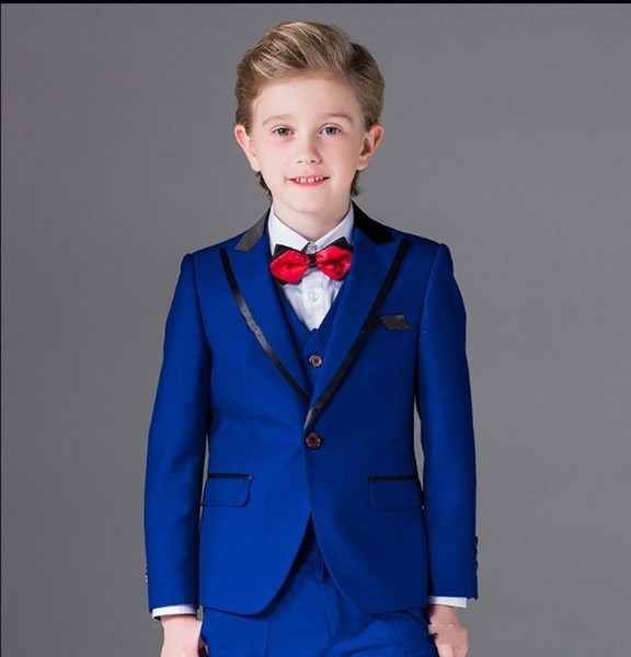 Popular Royal Blue Boys Formal OccasionTuxedos Peak Lapel One Button Kids Wedding Tuxedos Child Suit (Jacket+Pants+Tie+Vest) 29