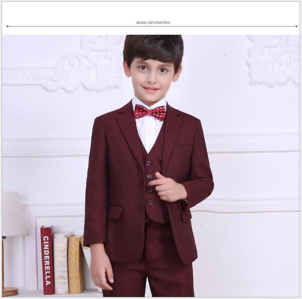 New Boys Suits Color Burgundy And Blue Flower Boys Wedding Tuxedos Three Pieces (Blazer+Vest+Pant) Formal Kids Clothing