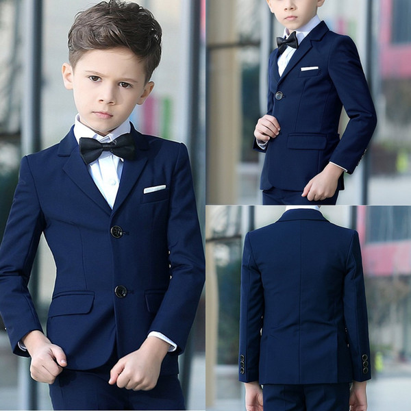 Navy Blue 2 Pieces Boys Suit Formal Wear Custom Made Slim Fit Boy Wedding Suit (Jacket + Pants)