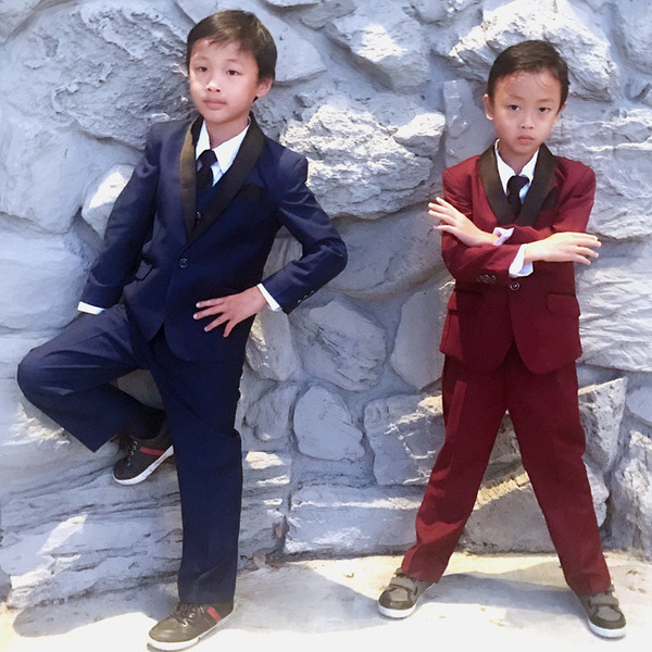 Burgundy Boys Formal Suits Tuxedos Dinner Suit Black Lapel Little Boy Groomsmen Kids Children Prom Party Formal Wear (Jackets+Vests+Pants)