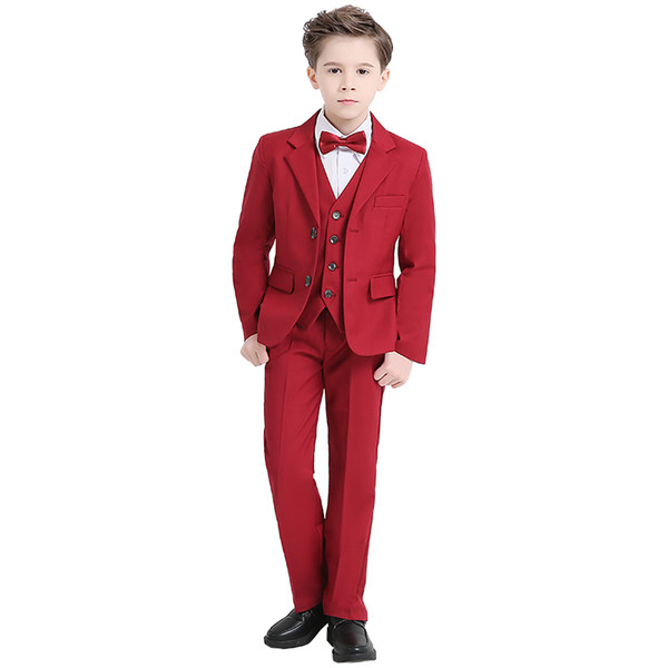 Red Boys Formal OccasionTuxedos Notch Lapel Two Button Center Vent Kids Wedding Tuxedos Child Suit (Jacket+Pants+Bow Tie+Vest) DH6238