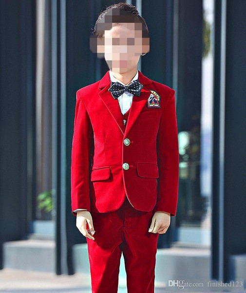 Excellent Fashion Velvet Kids Formal Wear Suit Children Attire Wedding Blazer Boy Birthday Party Business Suit (jacket+pants+vest) J898