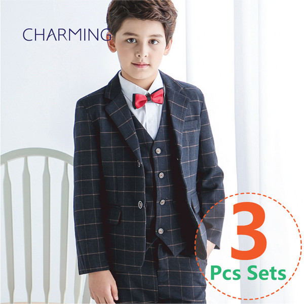 Boy Plaid Suit Elegant Kid Boy Wedding Suit Gentlemen Boys Suits For Weddings 3PCS Suit (Jacket+Vest+Pants)