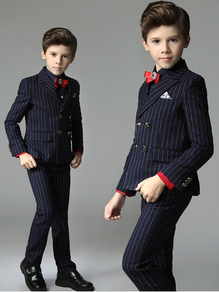 Popular High Quality Kids Wear Fitted Double Breasted Notched Lapel Navy Blue Pinstripe Thre Pieces (Jacket +Pant+Vest) Boys Wedding Tuxedos