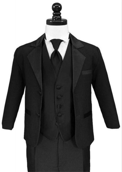 Three Piece Black Notch Lapel Boys Formal Wear Occasion Two Buttons Wedding Kids Suits (Jacket+ Pants + Vest)