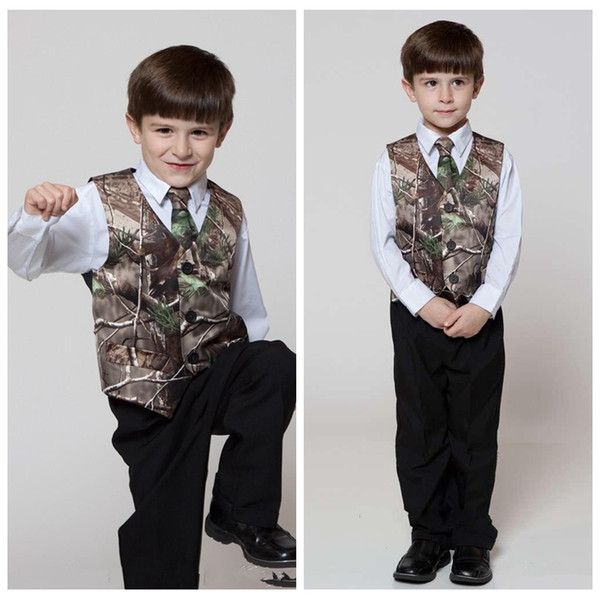 2018 Real Tree Camo Boy's Formal Wear Vests With Ties Camouflage Groom Boy Vest Cheap Satin Custom Formal Wedding Vests Camouflage