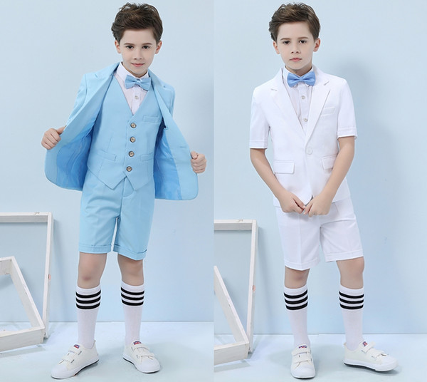 Three-piece Short Sleeve And Pants Blue Pink Summer Boys Formal Party Wear Clothing Set Children Prom Performance Costume Tuxedos